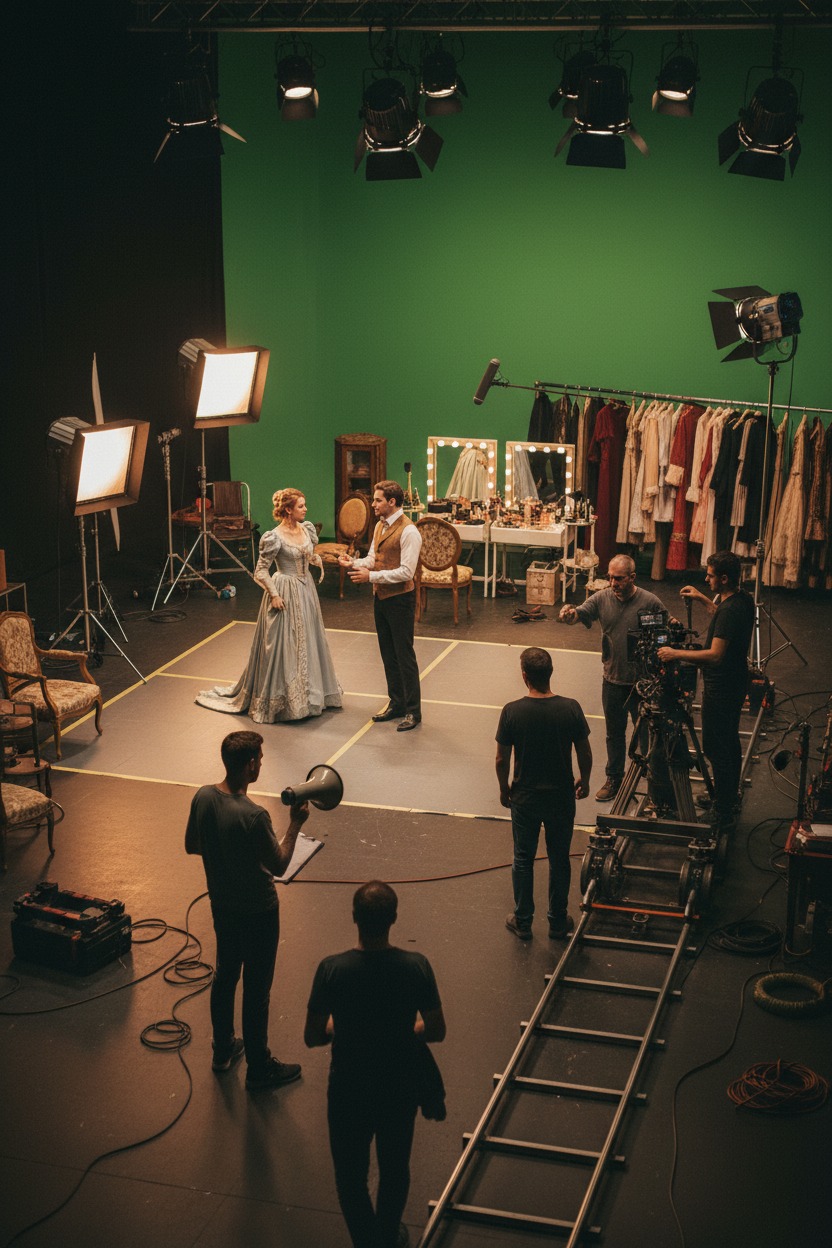 Dos actores vestidos de época ensayan una escena frente a una pantalla verde en un plató de cine rodeados por el equipo técnico.