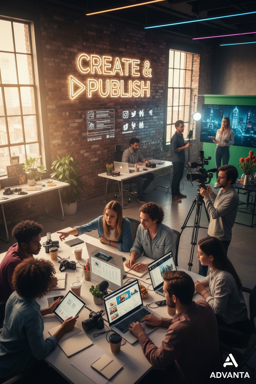 Un equipo creativo trabaja con ordenadores portátiles en una mesa de reuniones mientras una productora graba con cámara en un estudio moderno.
