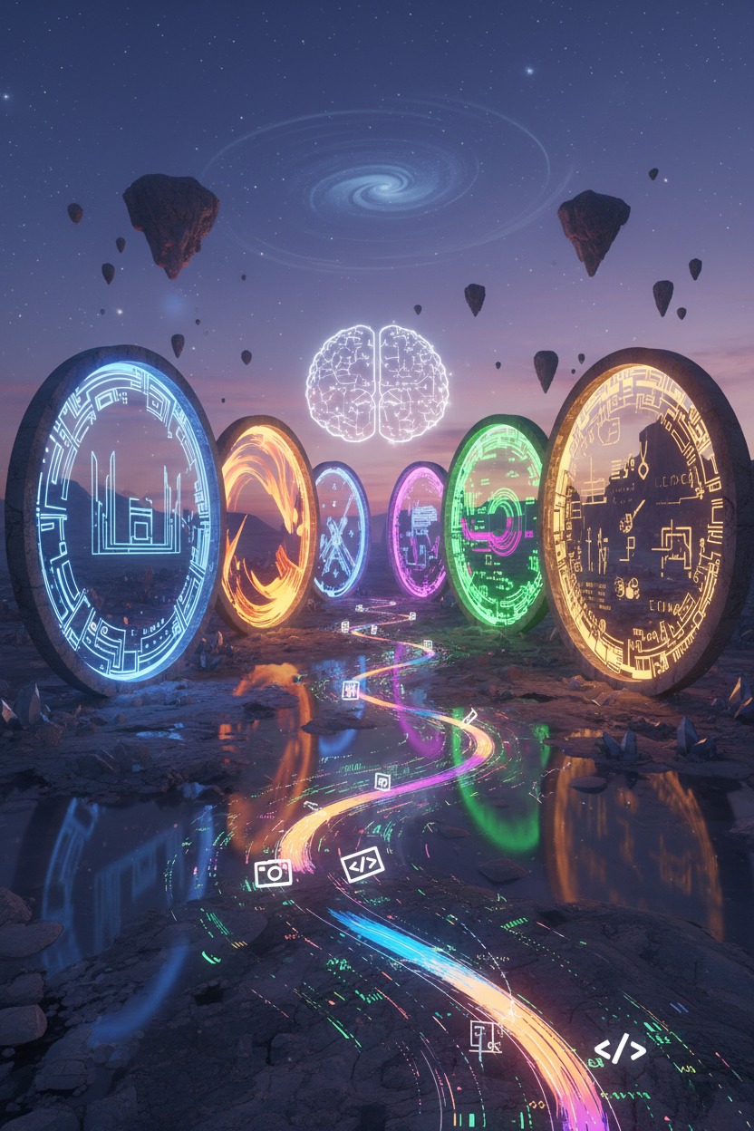 Varios portales luminosos y coloridos se alinean en un paisaje rocoso bajo un cielo estrellado, con un camino de luz en primer plano y un cerebro brillante flotando en el centro.