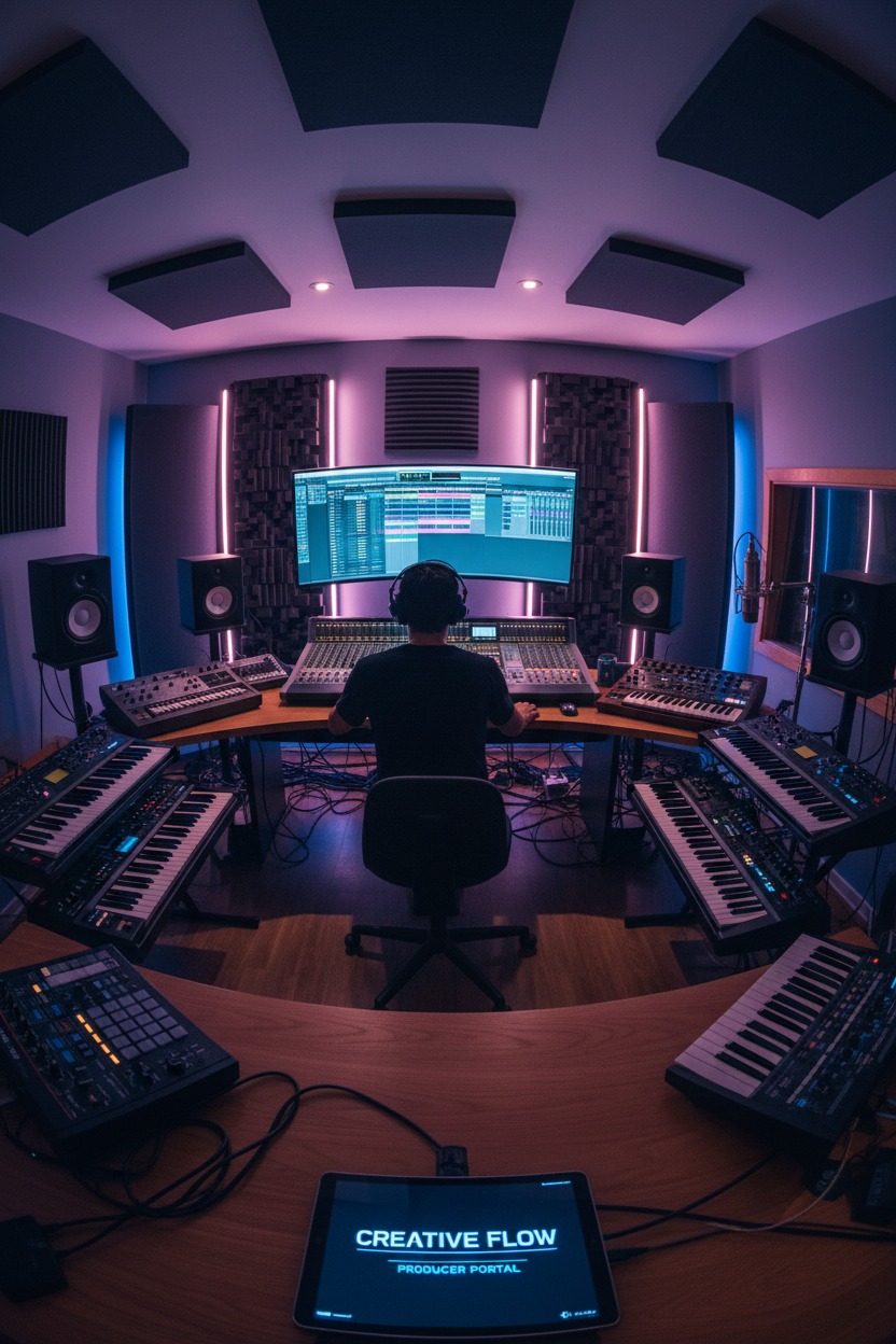 Un productor musical está sentado en su estudio de grabación profesional rodeado de teclados y mesas de mezclas.