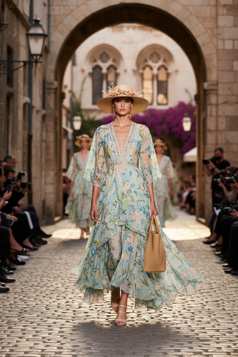 Una modelo desfila por una calle adoquinada luciendo un vestido largo estampado y un sombrero de paja decorado, mientras sostiene un bolso de mano tejido.