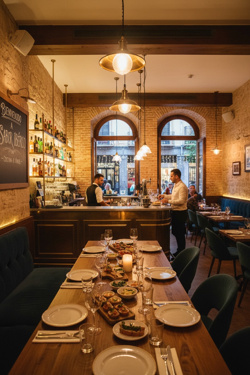 Dos camareros atienden la barra en el interior de un restaurante con paredes de ladrillo visto y mesas dispuestas para cenar.